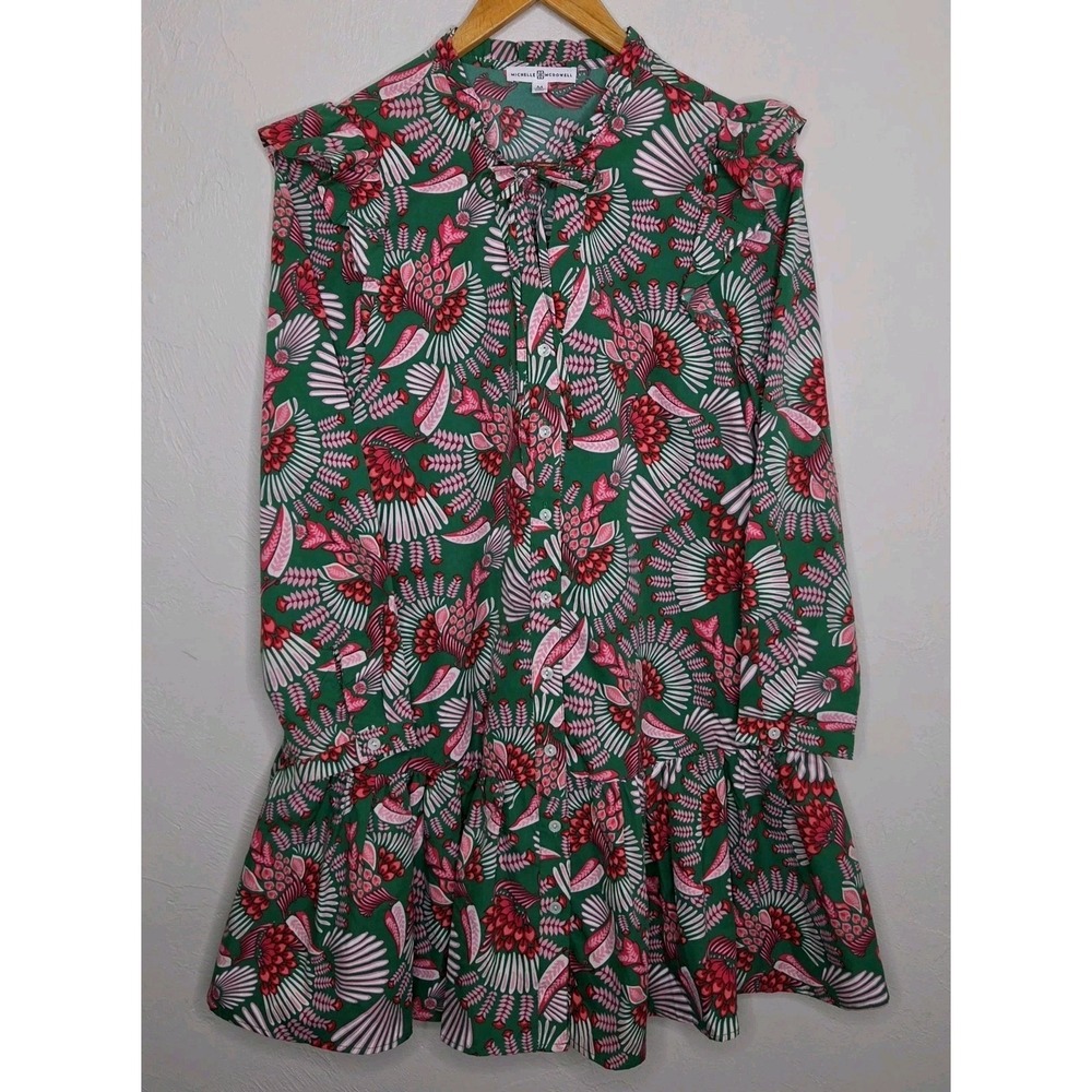 Michelle McDowell Womens Shift Dress Size Medium Green Pink Floral Ruffle Collar